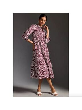Anthropologie Maeve Bettina Tiered Midi Shirt Dress Wine Ikat Women's Size XS